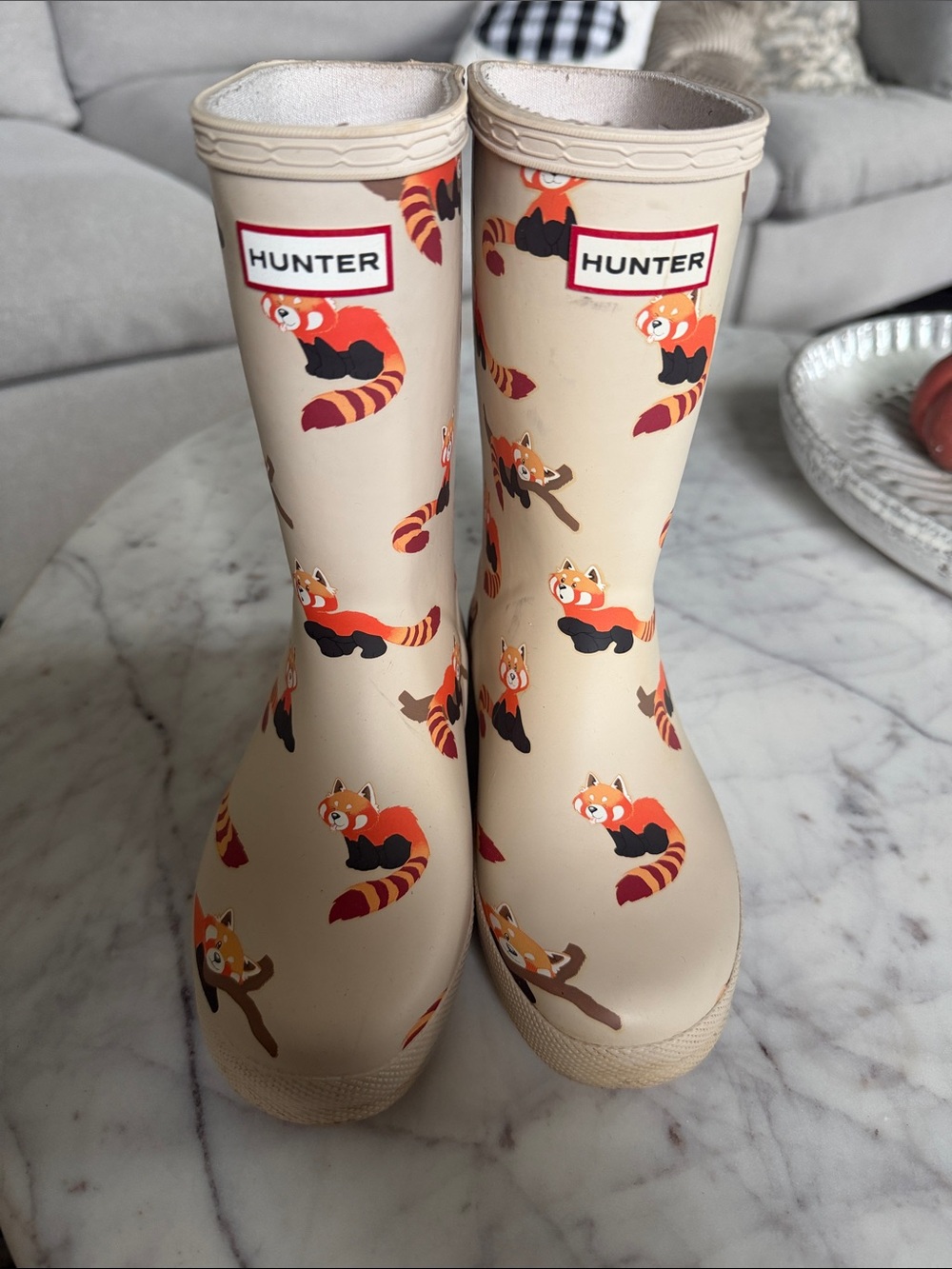 Hunter Kids Beige Rain Boots with Red Panda Print 13B/1G Unisex RARE PRINT